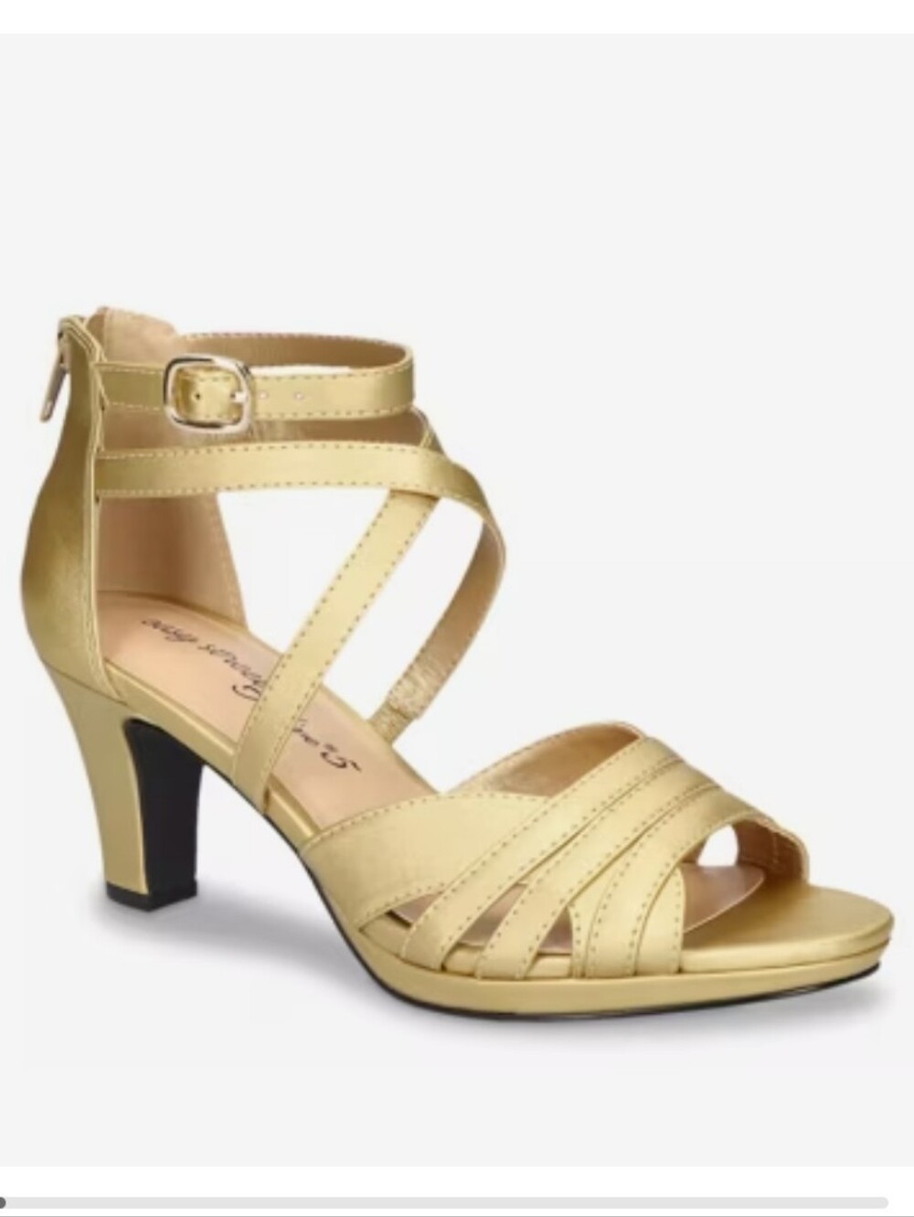 Easy Street Gold Satin Strappy Mid-Heel Sandal